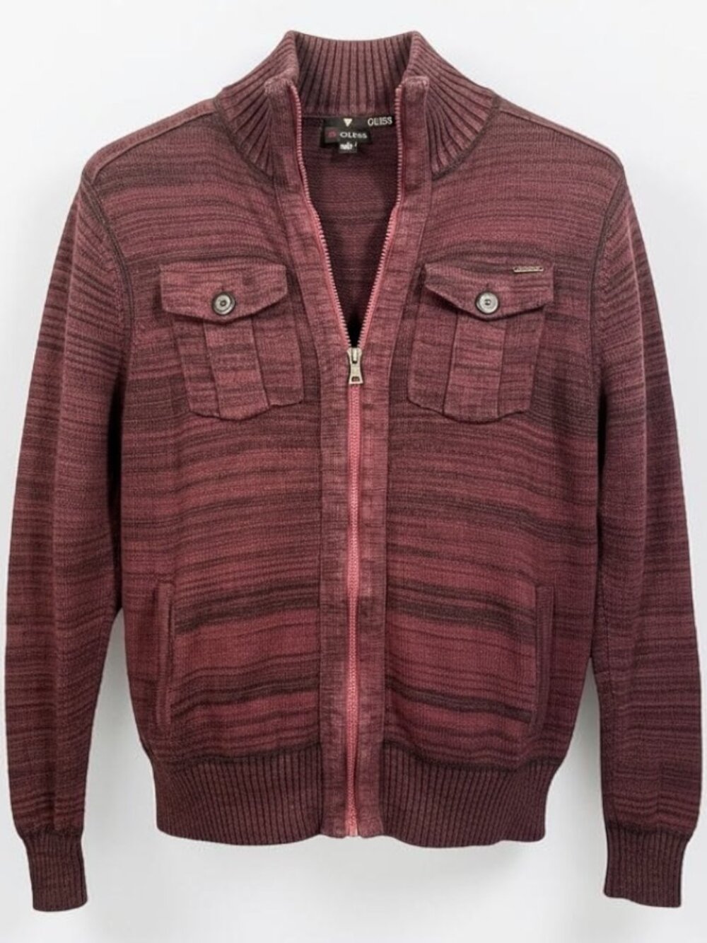 GUESS Mens Large Burgundy Full Zip Knit Sweater Mock Neck Cotton Pocket Cardigan